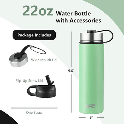 22 Oz Double-walled Insulated Stainless Steel Water Bottle with 2 Lids and Straw-Green - Color: Green