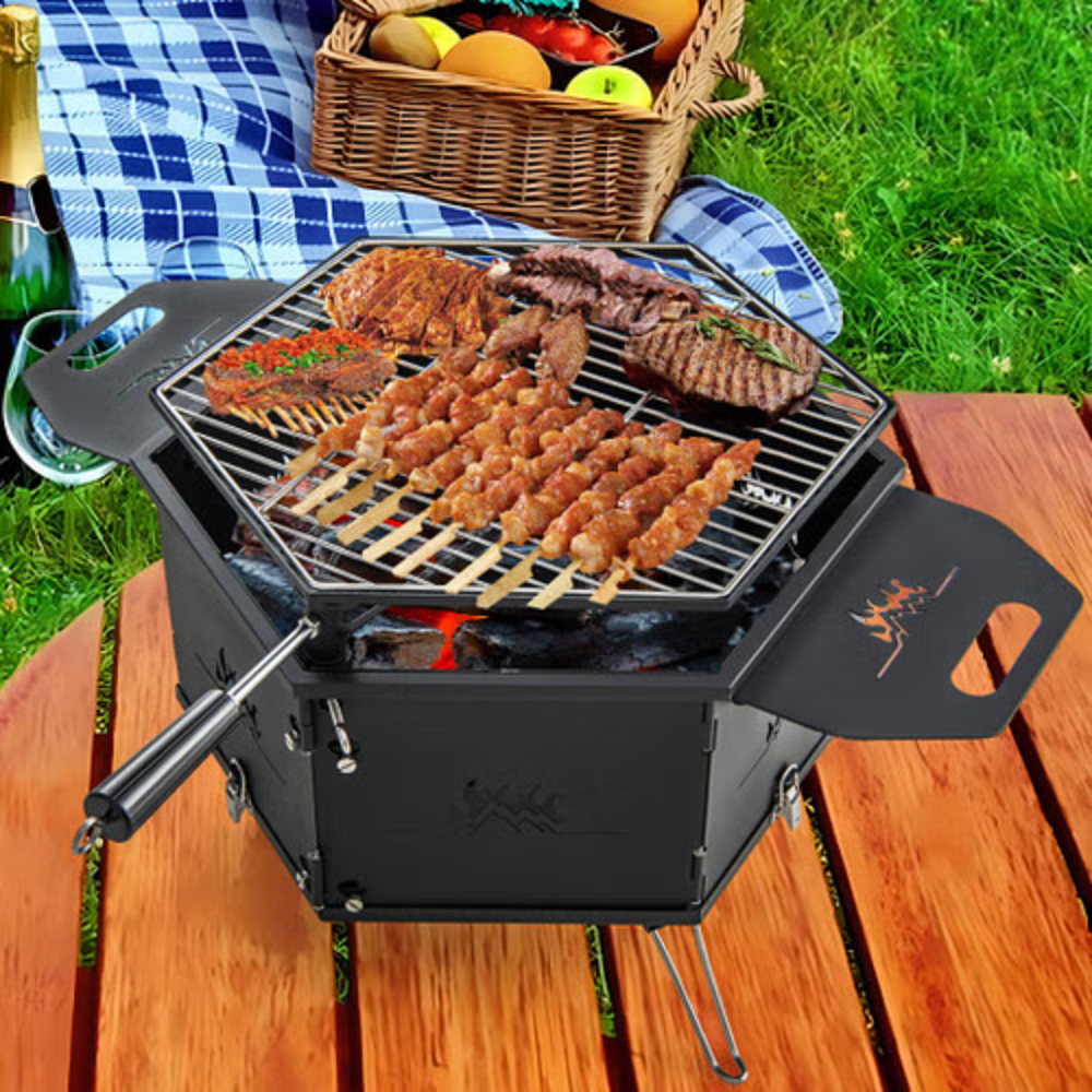 Portable Charcoal Grill Stove Rotatable with Foldable Body and Legs with Handles