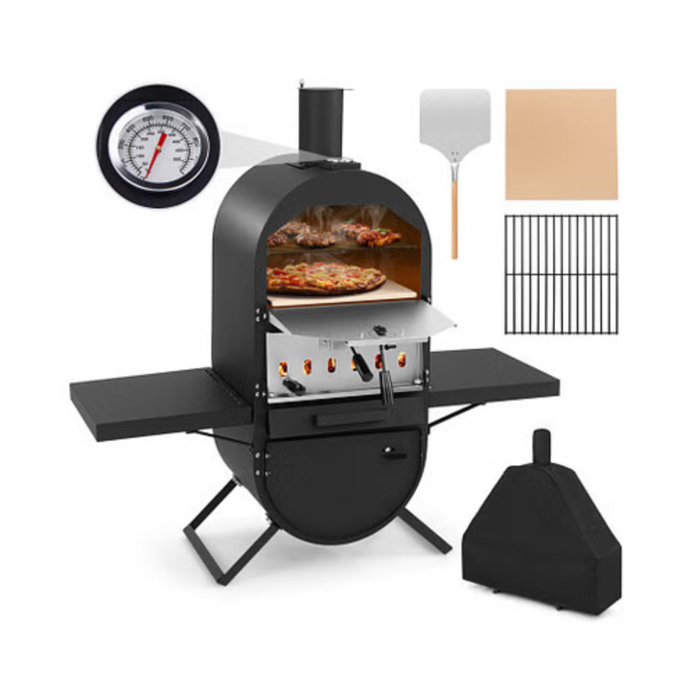 Outdoor Pizza Oven with 600D Oxford Fabric Cover 12" Pizza Stone and Cooking Grill - Color: Black