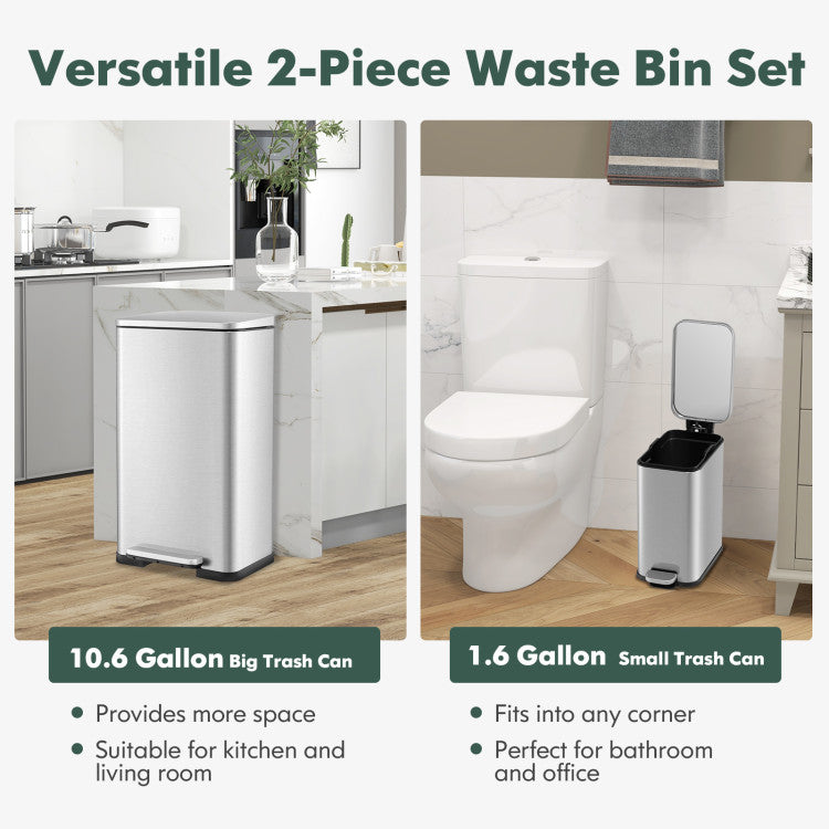 10.5 Gal and 1.6 Gal Step Trash Can Combo Set with Detachable Inner Buckets-Silver