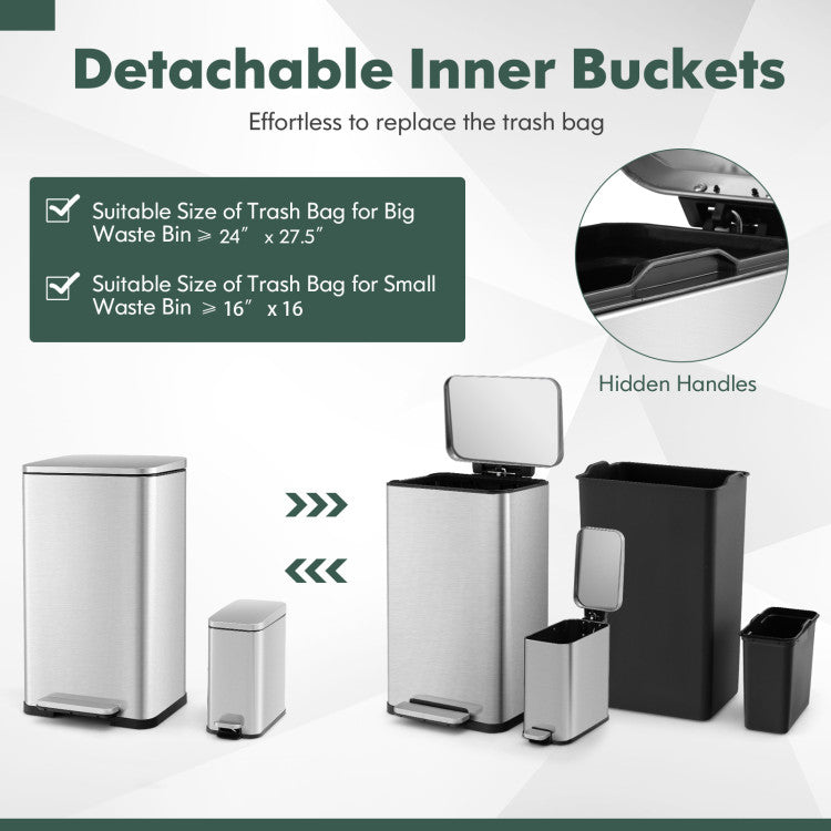 10.5 Gal and 1.6 Gal Step Trash Can Combo Set with Detachable Inner Buckets-Silver