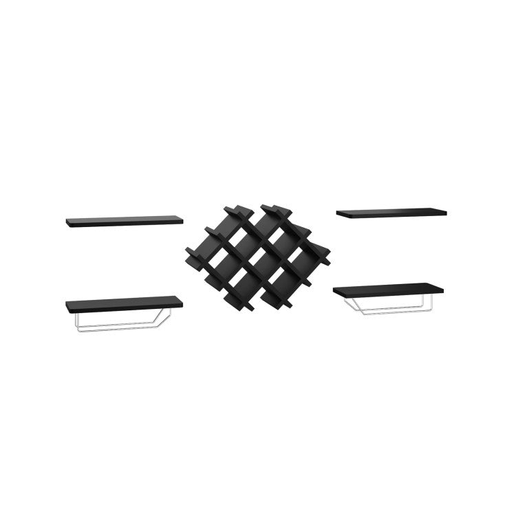 Set of 5 Wall Mount Wine Rack Set with Storage Shelves-Black - Color: Black