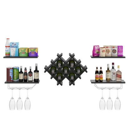 Set of 5 Wall Mount Wine Rack Set with Storage Shelves-Black - Color: Black