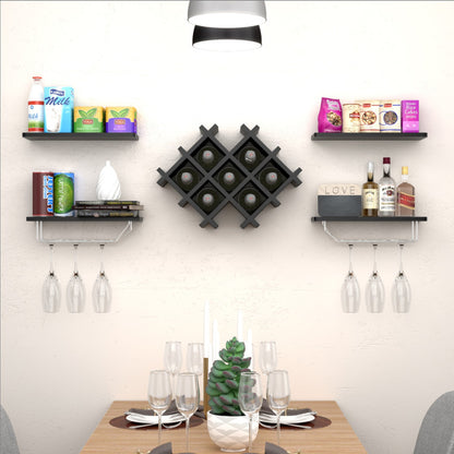 Set of 5 Wall Mount Wine Rack Set with Storage Shelves-Black - Color: Black