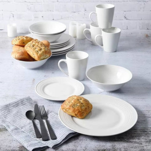 16-Piece White Ceramic Dinnerware Set w/ Bowls Plates and Mugs - Service for 4